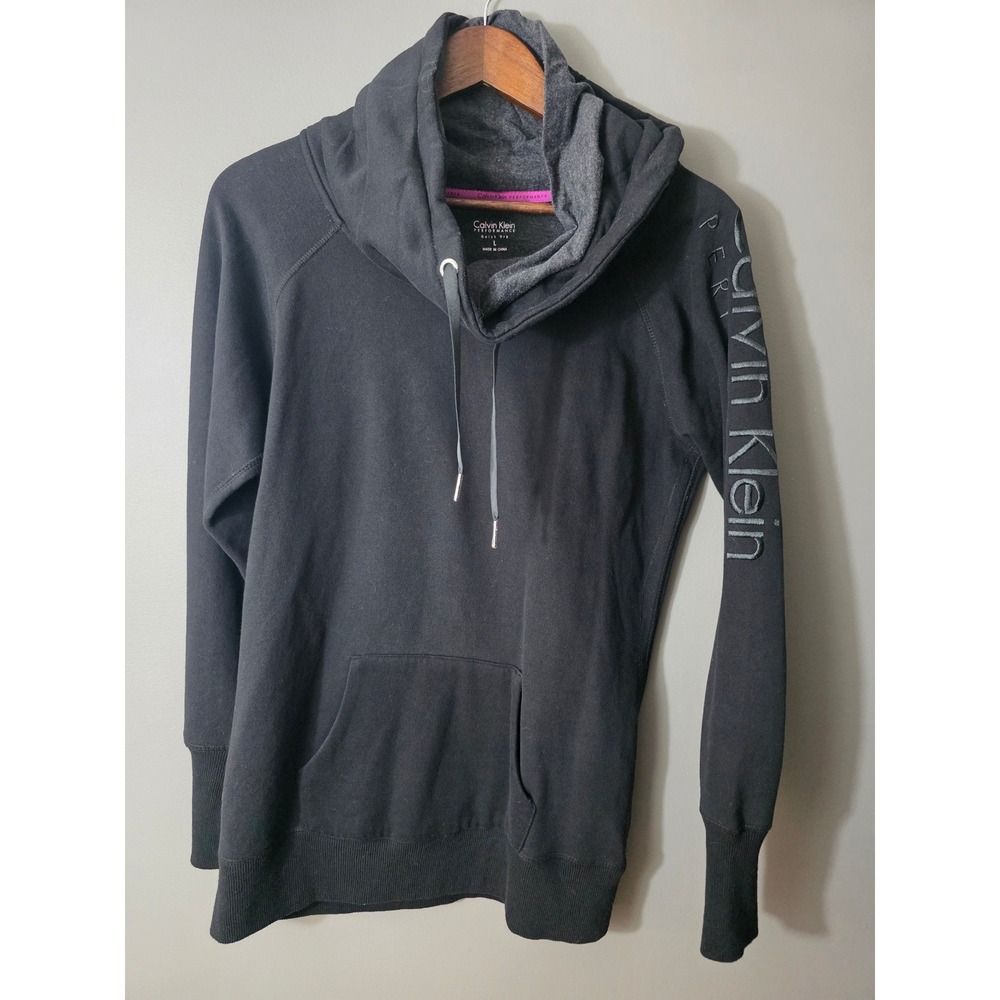 Calvin Klein Performance Womens Black Cowl Neck Hoodie Logo Sleeve Large